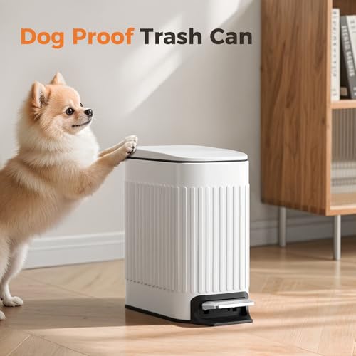 TrashAid Slim Bathroom Trash Can with Lid Soft Close & Pedal, 1.6Gal, White | Removable Inner Bucket, Stainless Steel Garbage Can, Small Wastebasket for Toilet/Office/Bedroom, Retro Design, Odor Control - color: White