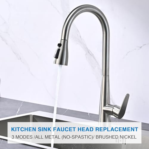 Metal Kitchen Faucet Head Replacement, 3-Function Pull Down Spray Head for Kitchen Faucet, High Pressure Sink Spray Nozzle with 9 Adapters Compatible with American Standard, Brushed Nickel - color: Brushed Nickel