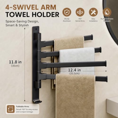 2-5 Arms Swivel Towel Rack Bath Towel Holder with Hook Swing Arm Towel Rack Wall Mount for Bathroom Kitchen-Black 4Arm - color: Black, size: 4-arm