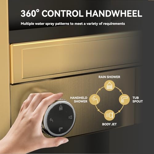 ELLO&ALLO Shower Panel Tower System with Shelf, Rainfall Shower Head and Rain Massage System with Body Jets, Stainless Steel Bathroom Fixtures, Brushed Gold&Chrome
