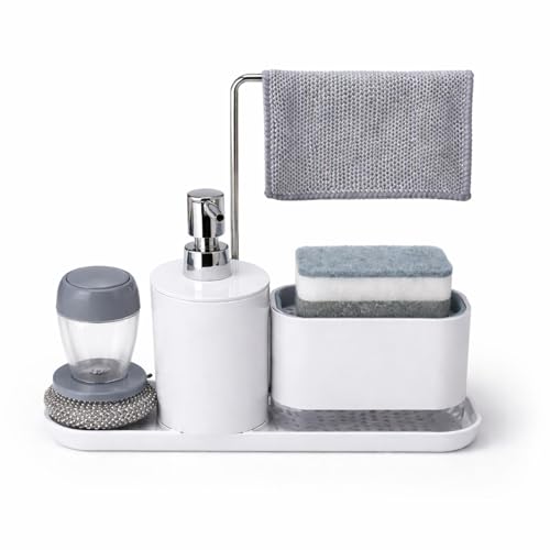 4-Piece Kitchen Sink Caddy with Soap Dispenser – Sponge Holder & Scrubber Brush, Removable Drain Tray, Dishcloth Bar, All-in-One Countertop Organizer for Kitchen & Bathroom – White