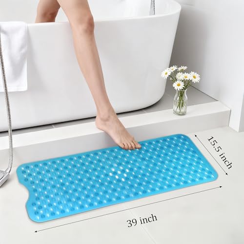 Non-Slip Bathtub Mats Bath Mat Machine Washable with Suction Cups for Tub, 39x15.5 inch, Clear Blue - color: Clear Blue