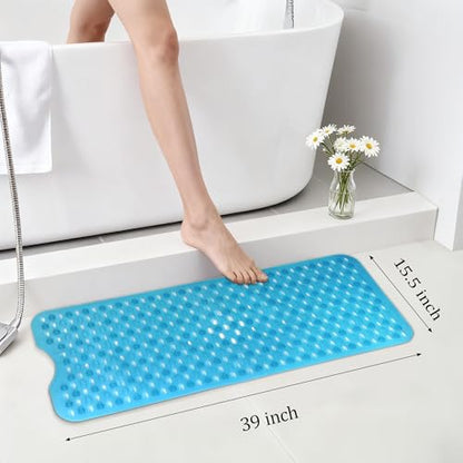 Non-Slip Bathtub Mats Bath Mat Machine Washable with Suction Cups for Tub, 39x15.5 inch, Clear Blue - color: Clear Blue