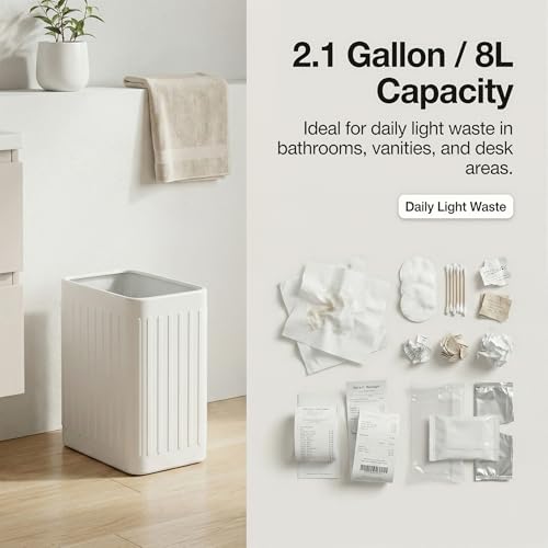 TrashAid Small Bathroom Trash Can, 2.1 Gallons, Slim Wastebasket, White | Quick Toss Open Top, Stainless Steel Garbage Can, Hand-Safe Rolled Edges, Metal Trash Bin for Office/Bedroom/Under Sink/RV