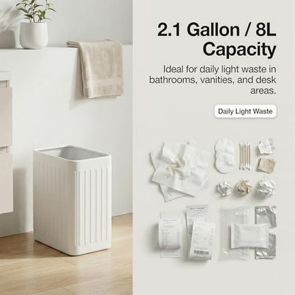 TrashAid Small Bathroom Trash Can, 2.1 Gallons, Slim Wastebasket, White | Quick Toss Open Top, Stainless Steel Garbage Can, Hand-Safe Rolled Edges, Metal Trash Bin for Office/Bedroom/Under Sink/RV