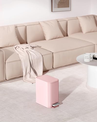 Cesun Small Bathroom Trash Can with Lid Soft Close & Pedal, 1.3 Gal, Pink | Removable Inner Bucket, Slim Stainless Steel Garbage Can for Bedroom/Office, Included 5 Trash Bags, Hidden Bag, Built to Last - color: Pink