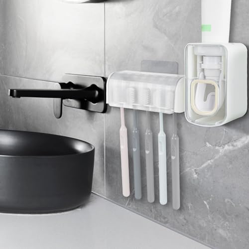 5 Slots Wall Mount Toothbrush Holder with Cover, Self Adhesive Toothbrush Storage Organizer for Shower, Toothbrush Hanger with Automatic Toothpaste Squeezer Dispenser - color: White Combination