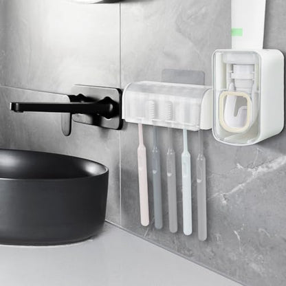 5 Slots Wall Mount Toothbrush Holder with Cover, Self Adhesive Toothbrush Storage Organizer for Shower, Toothbrush Hanger with Automatic Toothpaste Squeezer Dispenser - color: White Combination