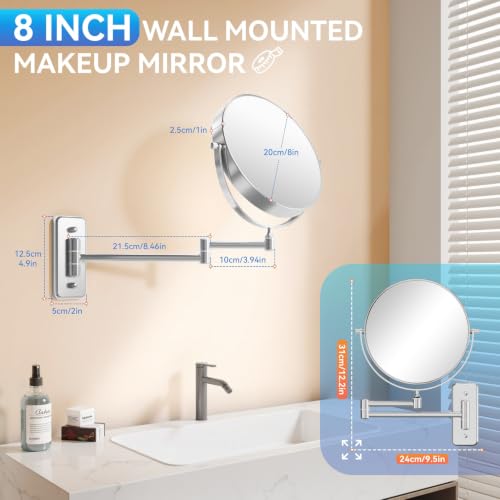 Auxmir 8" Double-Sided Wall-Mounted Makeup Mirror, 1X/30X Magnifying Mirror | stainless steel, 13-inch extendable swivel arm, 360°shaving rotation, bathroom makeup mirror, tweezers, Chrome - color: Chrome-1x/30x