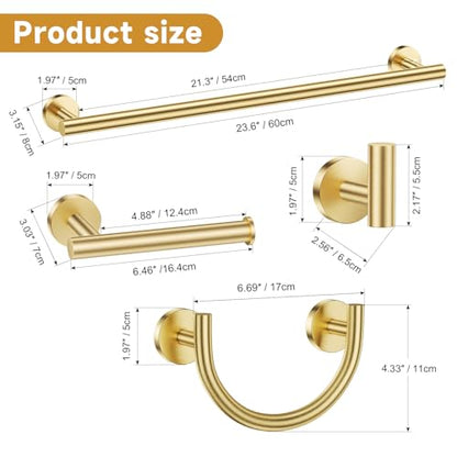 5-Piece Bathroom Hardware Accessories Set,Brushed Gold Towel Bar Set with Smiley Face Towel Rings, Stainless Steel Wall-Mounted Towel Holder Set for Bathroom,23.6 Inch - color: Gold