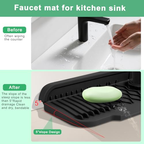 17 Inch Faucet Mat For Kitchen Sink Splash Guard Behind Faucet, ，5°Slope Fast Draining Silicone Mat , Dish Soap Sponge Holder for Bathroom Sink kitchen sink organizer (black, 17" x 6") - color: Black