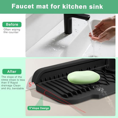 17 Inch Faucet Mat For Kitchen Sink Splash Guard Behind Faucet, ，5°Slope Fast Draining Silicone Mat , Dish Soap Sponge Holder for Bathroom Sink kitchen sink organizer (black, 17" x 6") - color: Black