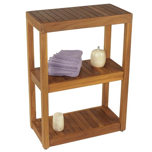 AquaTeak 12" Original Sula Rectangle Teak Bathroom Stand - Shower Stand with 3 Tier Shelf - Durable Water Resistant Shower Organizer - Space-Saving Storage Shelves with Anti-Slip Feet