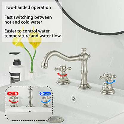 2 Handles 3 Holes Faucet Widespread Bathroom Sink Faucet Brushed Nickel Basin Tap Mixer Faucet Matching Pop Up Drain - color: Brushed Nickel, style: Ceramic Cover