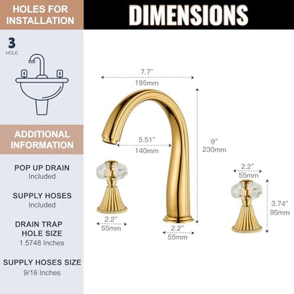 Gold Crystal 3 Hole Sink Vanity 8 Inch Brass 2 Handles 2 Tone Widespread Modern Unique Bathroom Faucets Sets, Antique Lavabo Faucet, Vintage Lavatory Vessel Luxury Mixer Tap with Pop up Drain - style: Vintage