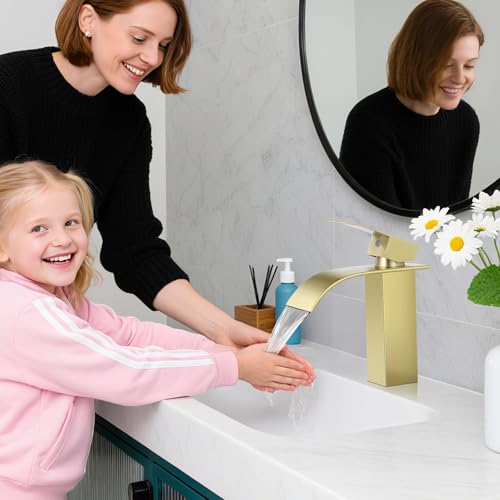 Bathroom Faucets Brushed Gold Waterfall Bathroom Sink Faucet 2 Pack | with Pop-up Drain & Deck,Supply Hoses,Single Handle Vanity Faucet,Stainless Steel,1 or 3 Hole,RV,Farmhouse Bathrooms - color: A-Brushed Gold x 2, style: Short