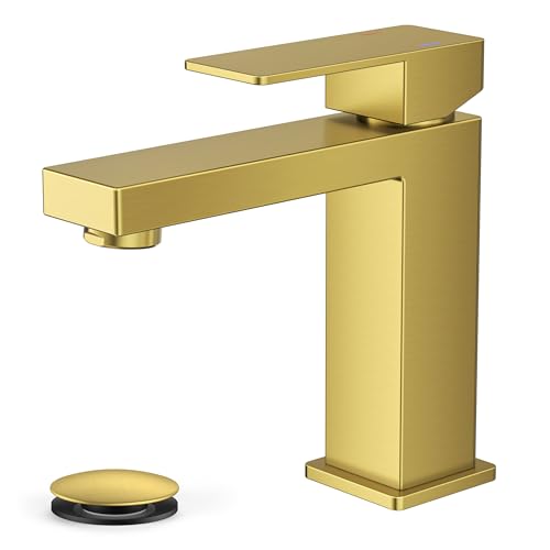 FORIOUS Bathroom Faucet 1 Hole, Single Handle Vanity Faucets Brushed Gold | For 1 or 3 Hole 4 Inch Centerset Sink, with Pop-up Drain, NSF61 Certificate, Single Handle Faucet for Sink Vanity RV Restroom - color: Brushed Gold, size: Short