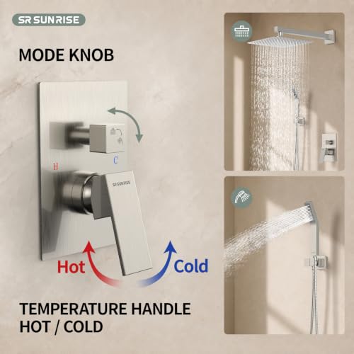 SR SUN RISE Shower Faucet Set Bathroom Square Rain Shower Head with Handheld Spray Wall Mounted Rainfall Shower Fixtures Brushed Nickel Shower Faucet Trim Repair Kits (Contain Shower Valve)10 Inches - color: Brushed Nickel, size: 10 Inch