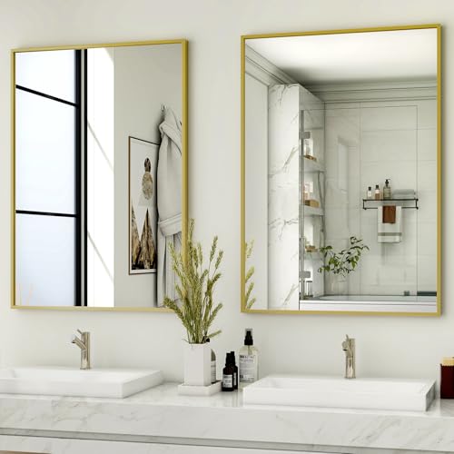HARRITPURE 26"x38" Rectangle Bathroom Mirror, Gold Vanity Wall Mirror | Aluminum Alloy Frame Wall Mirror, Horizontal or Vertical Wall Mount for Entryway Bedroom Living Room - size: 38"L x 26"W