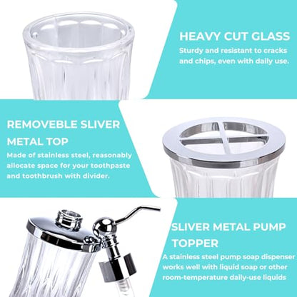 Clear Bathroom Accessories, Round Thick Glass & Metal Pump | Beautiful & weight, 5 pcs soap dispenser, toothbrush holder, soap dish, tumbler & jar, for mission/amish style - style: Round(Clear)