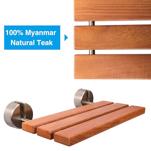 20" Luxury Teak Folding Shower Seat, Sturdy 400lb Capacity, Space-Saving Fold Down/Up Shower Bench Wall Mount, Easy Install, Brushed Nickel Fitting
