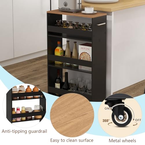 POWERSTONE 4-Tier Slim Storage Cart, Narrow Kitchen Rolling Cart w/Handle & Open Shelves, Skinny Slide Out Utility Organizer Trolley for Kitchen Bathroom Laundry Small Spaces Black & Natural - color: Black