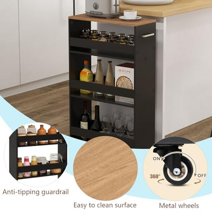 POWERSTONE 4-Tier Slim Storage Cart, Narrow Kitchen Rolling Cart w/Handle & Open Shelves, Skinny Slide Out Utility Organizer Trolley for Kitchen Bathroom Laundry Small Spaces Black & Natural - color: Black