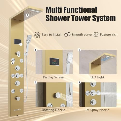 6-in-1 LED Shower Panel Tower System with 8 Adjustable Body Jets, Rainfall & Waterfall Shower, Smart Temperature Display, 59" Hose, Brushed Gold Stainless Steel, Wall Mounted - color: Gold