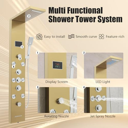 6-in-1 LED Shower Panel Tower System with 8 Adjustable Body Jets, Rainfall & Waterfall Shower, Smart Temperature Display, 59" Hose, Brushed Gold Stainless Steel, Wall Mounted - color: Gold