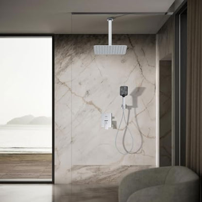 Shower System Modern Rain 8 inches Brass Faucet Set With Valve and Diverter Shower Mixer With Handheld High Pressure Square Rainfall Shower Valve (12'' Ceiling Mount, Chrome Polished) - color: Chrome Polished, style: 12'' Ceiling Mount