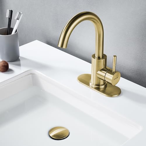 Bathroom Sink Faucet Single Hole Brushed Gold, Modern Single Handle Bathroom Faucet Commercial Stainless Steel Bar Faucet (Brushed Gold, with Drain) - color: Brushed Gold, size: With drain