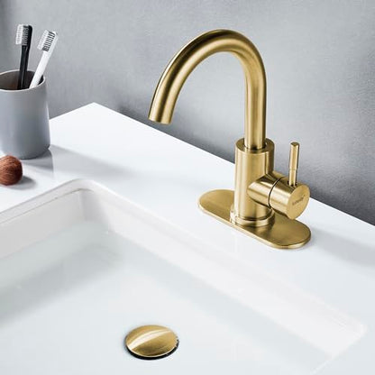 Bathroom Sink Faucet Single Hole Brushed Gold, Modern Single Handle Bathroom Faucet Commercial Stainless Steel Bar Faucet (Brushed Gold, with Drain) - color: Brushed Gold, size: With drain