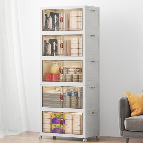 UAMFURI Stackable Storage Bins with Lids, 240QT Lockable Storage Cabinet | Closet Organizers, Foldable Storage Box with Doors and Wheels, Plastic Drawers for Home, Garage, Office (5, White, Medium) - color: White, size: Medium