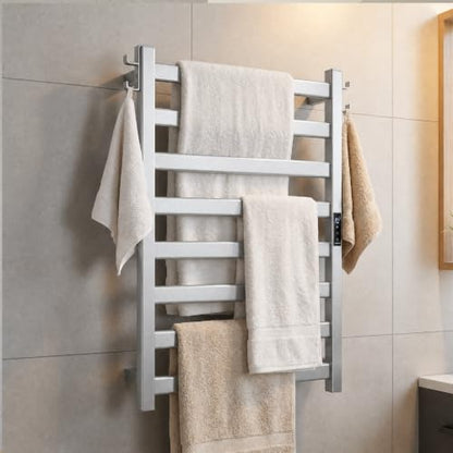 EA15 Series Heated Towel Rack, 8 Bar, Silver | Dual Hooks, Built-in Thermo Control and Timer, Memory Function, Smart Plug Compatible - color: Silver, size: 8 Bar