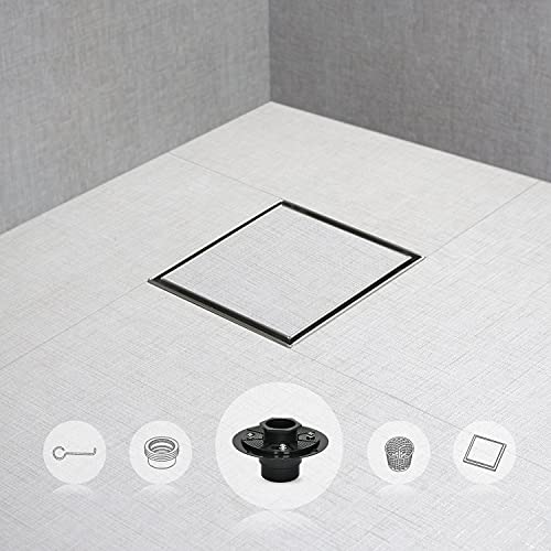 SaniteModar Shower Drain 6 inch Brushed with Flange Tile Insert Panel | AISI 304 Stainless Steel Square Shower Drain Shower Floor Square Drain with Hair Strainer and Lifting Hook
