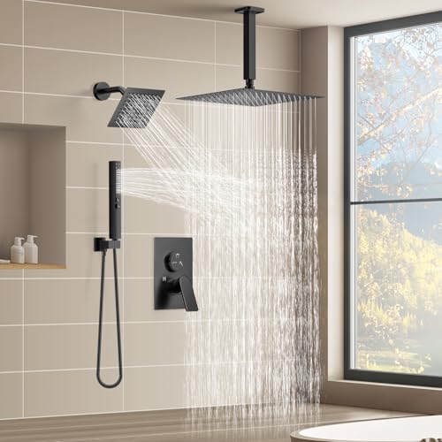Matte Black Shower Faucet Set, Home Shower System with 3-Setting Push Button Diverter, 12" Ceiling Rain Shower Head & 6" Wall Mount Shower Head, 2-in-1 Handheld, Shower Valve Trim Kit - color: Matte Black