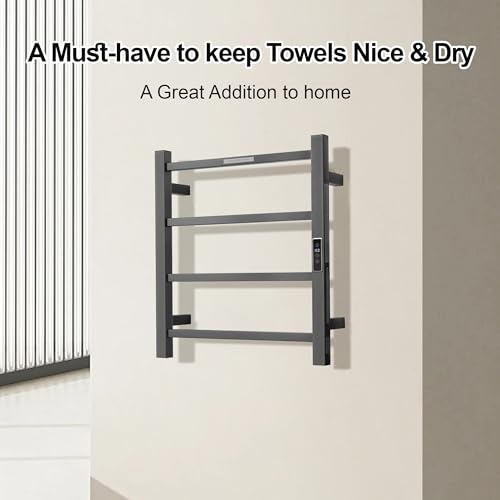 Electric Heated Towel Warmer - Wall Mounted Bathroom Towel Rack, Plug-in Design & Brushed Stainless Steel Finish Gunmetal with Timer & Temperature Control 4 Bar - color: Square Gunmetal With Timer, size: 4 Bar