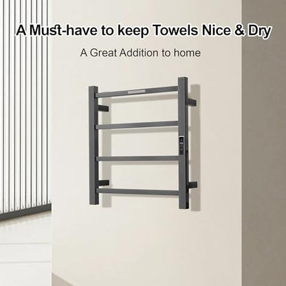 Electric Heated Towel Warmer - Wall Mounted Bathroom Towel Rack, Plug-in Design & Brushed Stainless Steel Finish Gunmetal with Timer & Temperature Control 4 Bar - color: Square Gunmetal With Timer, size: 4 Bar