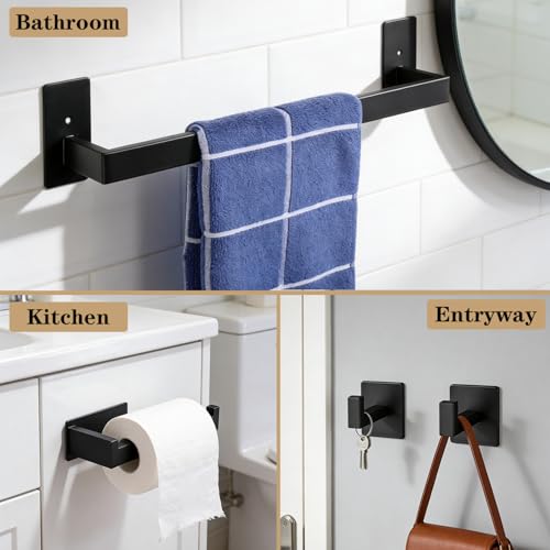 5 Pieces Self Adhesive Bathroom Hardware Set-SUS304 Stainless Steel-Towel Rack Set Include 24″Towel Bar+Toilet Paper Holder+3 Towel/Robe Hooks Bathroom Accessory Towel Bar Set (Black, 24 in) - size: 24 IN