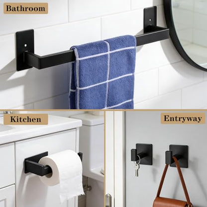5 Pieces Self Adhesive Bathroom Hardware Set-SUS304 Stainless Steel-Towel Rack Set Include 24″Towel Bar+Toilet Paper Holder+3 Towel/Robe Hooks Bathroom Accessory Towel Bar Set (Black, 24 in) - size: 24 IN