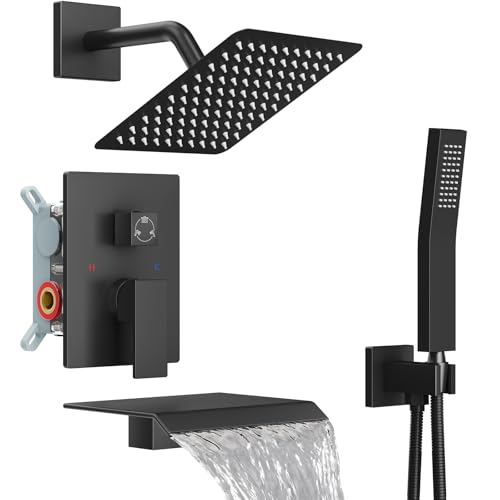 Midanya Shower System with Tub Spout,Bathtub Shower Faucet Set with Square Rainfall Head and Handheld Sprayer Wall Mount Tub Faucet Set with Valve and Trim Kit,8 Inch Matte Black - color: Matte Black, size: 8 Inch