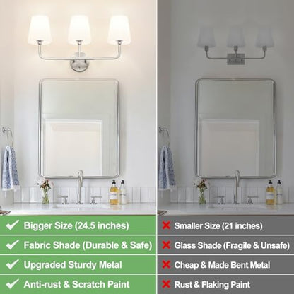 MOKATNG Bathroom Light Fixtures, 3-Light Brushed Nickel Vanity Lights, Bathroom Lighting Fixtures Over Mirror with Flared White Fabric Shade, Modern Wall Sconces for Living Room Hallway - color: Brushed Nickel & White Shade