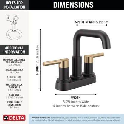 Delta Nicoli Centerset Matte Black/Brushed Gold Bathroom Faucet, 4 Inch 3 Hole Bathroom Sink Faucet for Vanity, Push-Pop Drain Assembly, Matte Black/Champagne Bronze 25849LF-GZ - color: Matte Black/Champagne Bronze