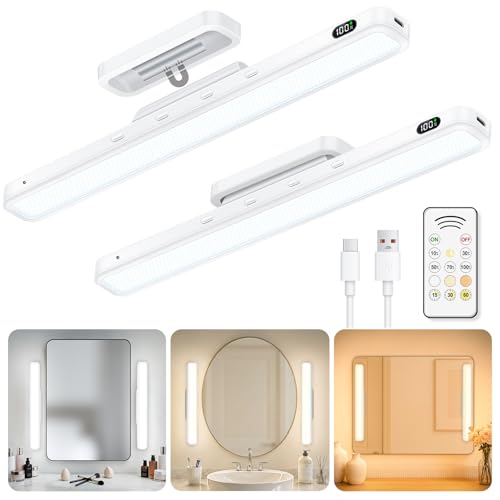 WILLED 5W Mirror Lights with Remote Control,Eye-Friendly Vanity Lights Stick on,Adjustable Color Temperatures Makeup Light with Battery Level Display,Rechargeable Light bar for Bathroom(2 Pack) - color: White