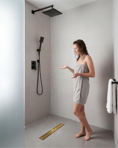 24 Inch Brushed Gold Linear Shower Drain | CUPC Certified 2-in-1 Tile Insert for Curbless Showers. 304 Steel, 15.8GPM Flow. Includes Hair Catcher & Adjustable Feet. - color: Gold, size: 24in