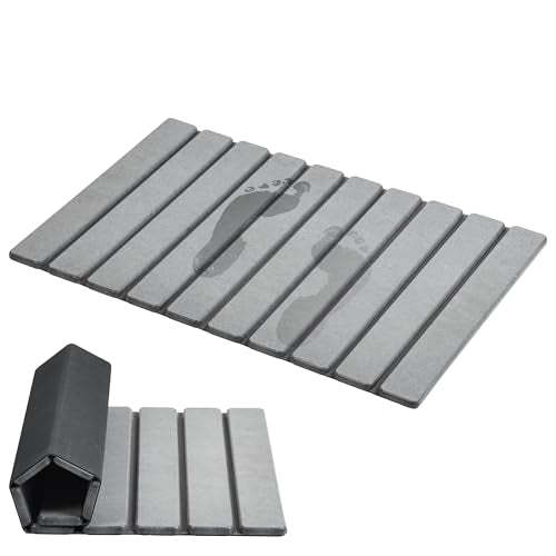 AWW Foldable Stone Bath Mat, Diatomaceous, 23.6"x15.5", Grey | Quick-dry surface, super absorbent, easy-clean finish, non-slip mat included, and compact storage for small bathrooms - color: Grey, size: 23.6" x 15.5"