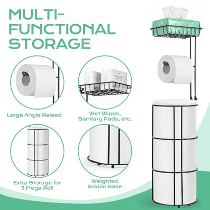 Toilet Paper Holder Stand and Tissue Paper Roll Dispenser with Basket for Bathroom Storage Holds Reserve, Black
