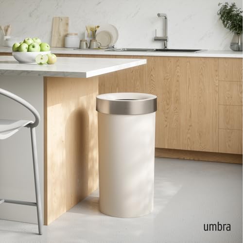 Umbra Vento Kitchen Trash Can, Open Top Bin, 16.5 Gallon, Sand/Nickel | Brushed metal accents, bag concealing design, easy wipe clean, fits home and office, durable plastic - color: Sand/Nickel