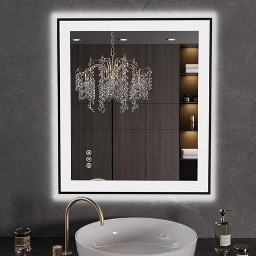 LOAAO 28"X32" LED Bathroom Mirror Black Framed | Anti-Fog, Dimmable, Memory Function, Tempered Glass, Lighted Vanity Mirror for Wall - size: 28"L x 32"W