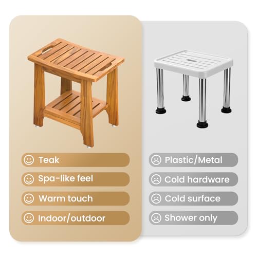 NNN 24" Home Teak Shower Bench with Japan-Made Non-Slip Leveling Feet | US Patented Design, Marine-Grade Hardware, Pre-Oiled European Teak Oil, Ready, 300lb, for Showers Spa Sauna & Outdoor Pools - size: 24"W x 13" Dx 18"H